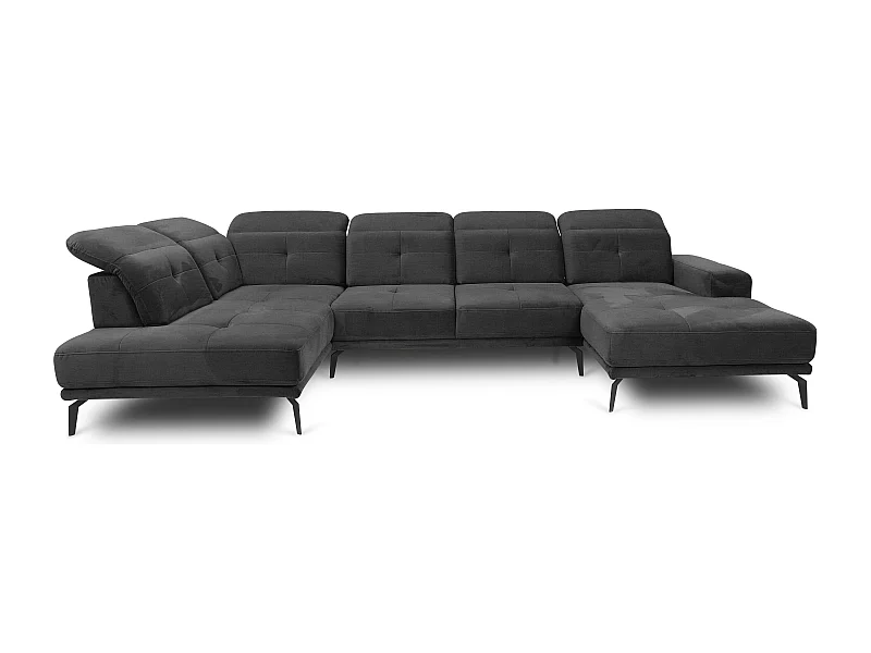 Canapé panoramique moderne tissu doux noir têtières angle gauche Versus 350cm