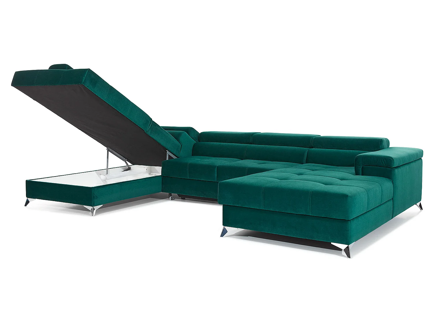 Canapé panoramique tissu noir coffre de rangement à gauche Kutty 345cm