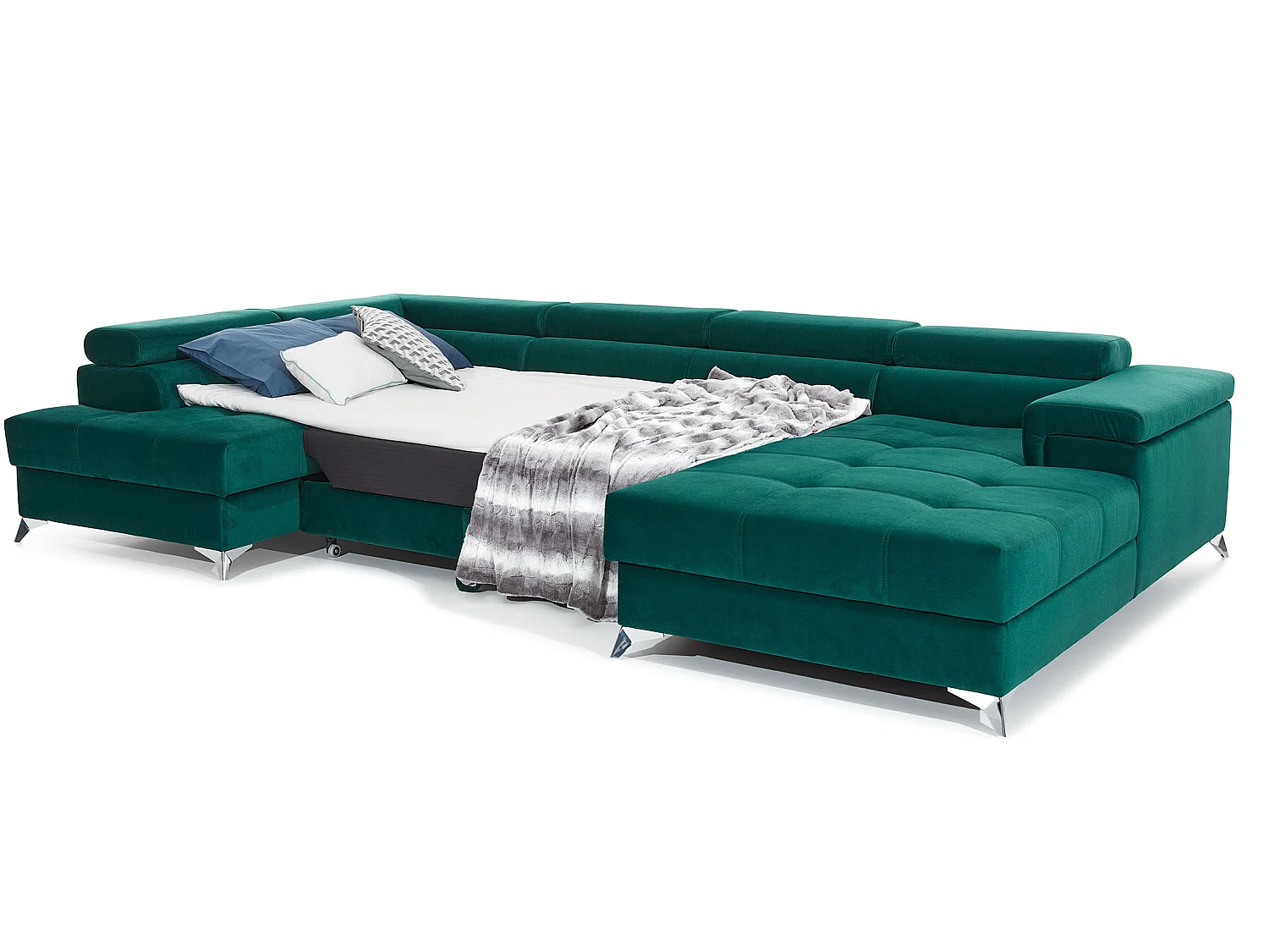 Canapé panoramique tissu noir coffre de rangement à gauche Kutty 345cm