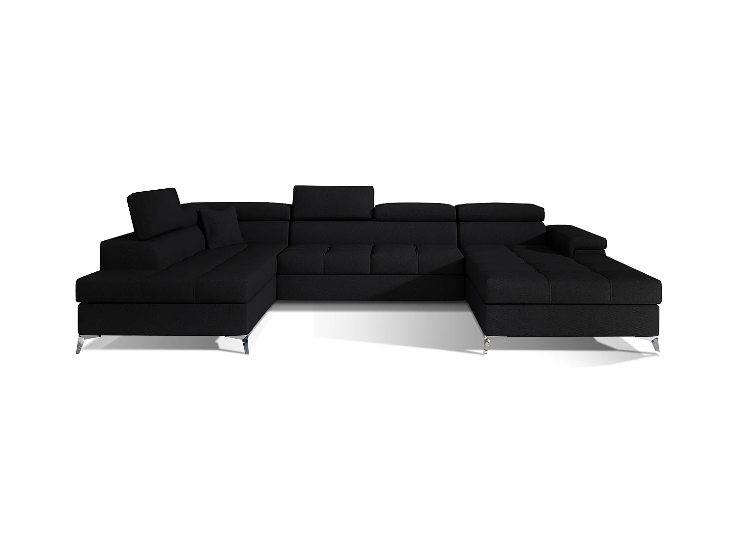 Canapé panoramique tissu noir coffre de rangement à gauche Kutty 345cm
