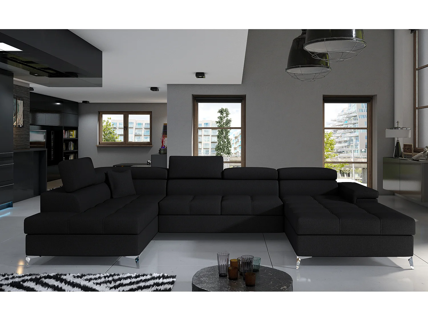 Panoramische bank zwarte stoffen opbergbox links Kutty 345 cm