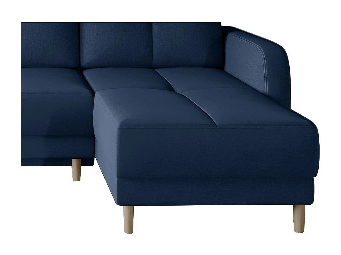Sofá esquinero convertible y reversible de tela KINDO - Patas de madera clara-Color Azul marino