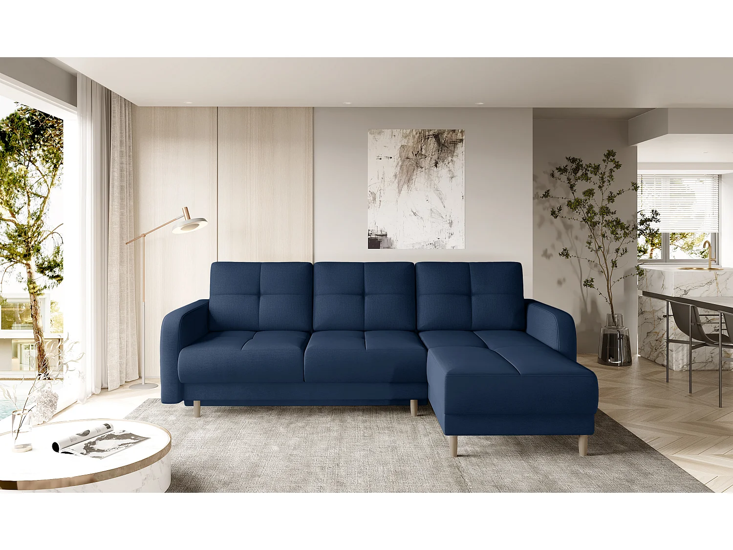 Canapé d'angle convertible et réversible tissu KINDO - Pieds bois clair-Bleu marine
