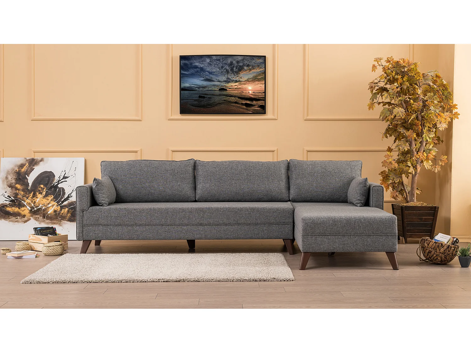 Canapé d'angle droit 5 places tissu gris Kandy 275cm