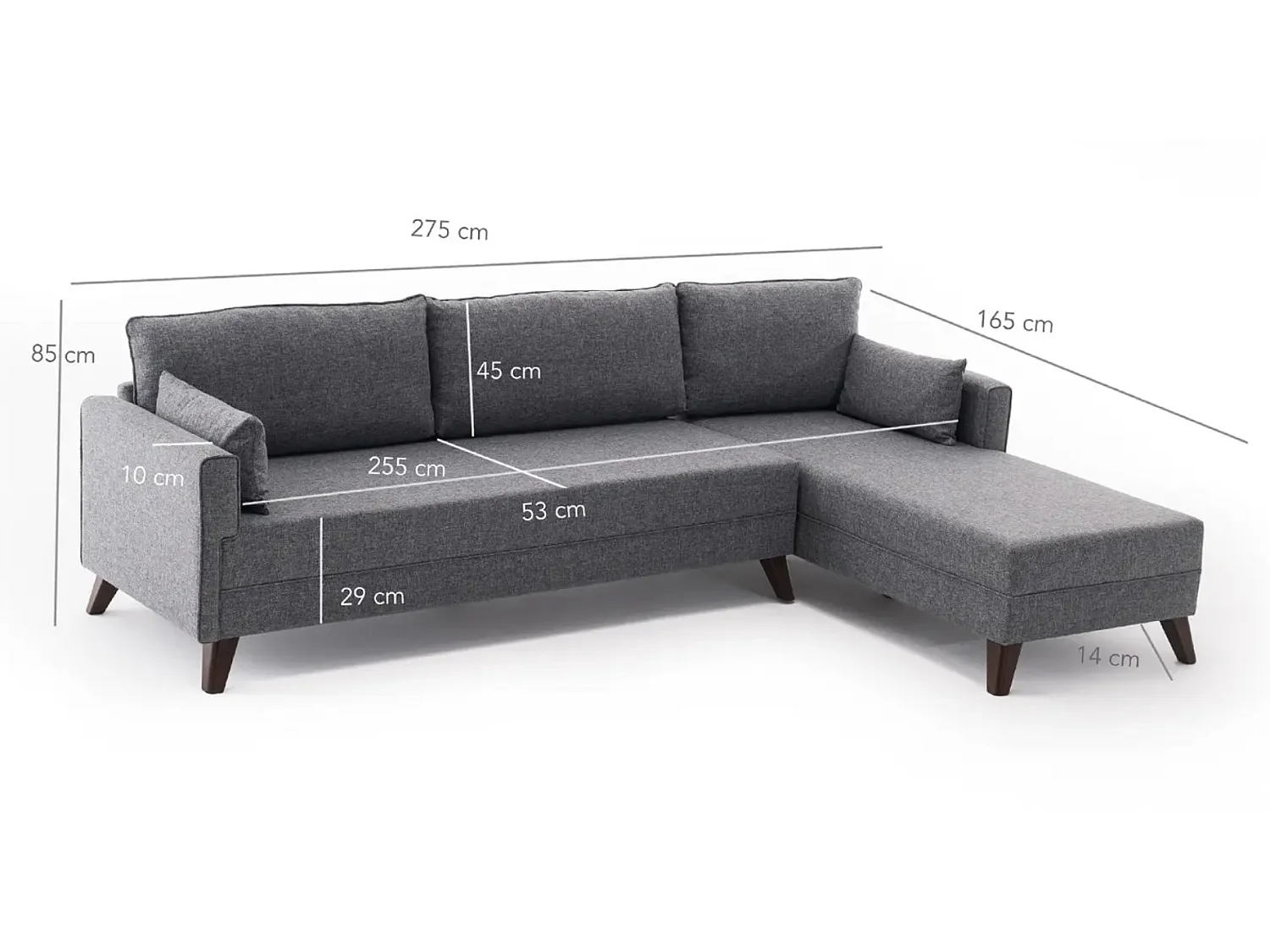 Canapé d'angle droit 5 places tissu gris Kandy 275cm