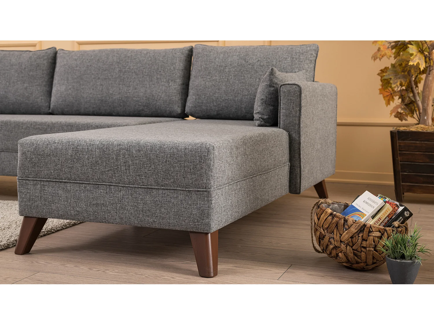 Canapé d'angle droit 5 places tissu gris Kandy 275cm