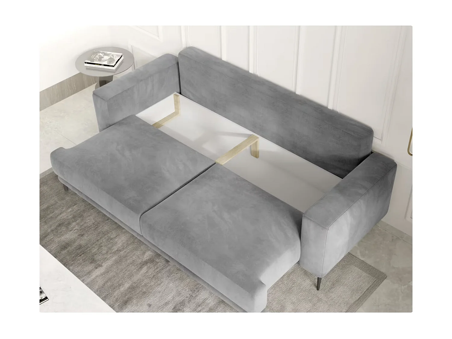 Sofá convertible recto DAVINA de terciopelo con compartimento de almacenamiento - Patas de metal negro-Color Gris oscuro