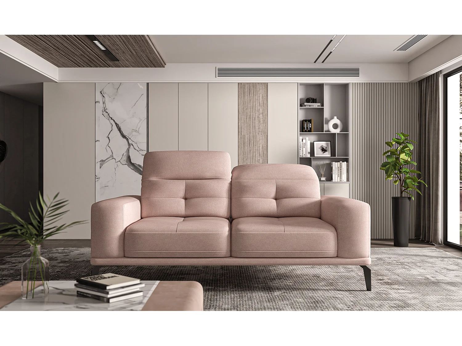 Canapé droit design 2-3 places tissu rose clair Torpille 195cm