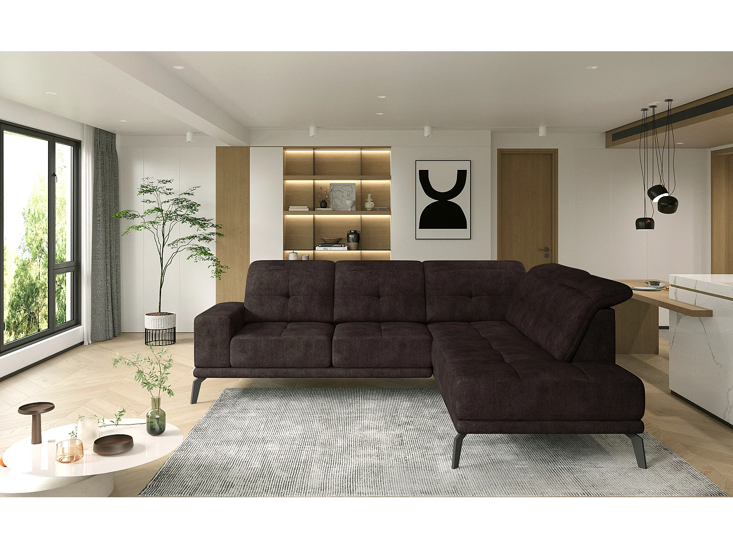 Canapé d'angle droit vintage matelassé tissu vintage marron et pied noir Kazane 275cm