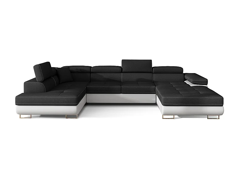 Canapé panoramique tissu noir et simili cuir blanc convertible avec coffre de rangement Romano 345cm-Coffre de rangement à gauche