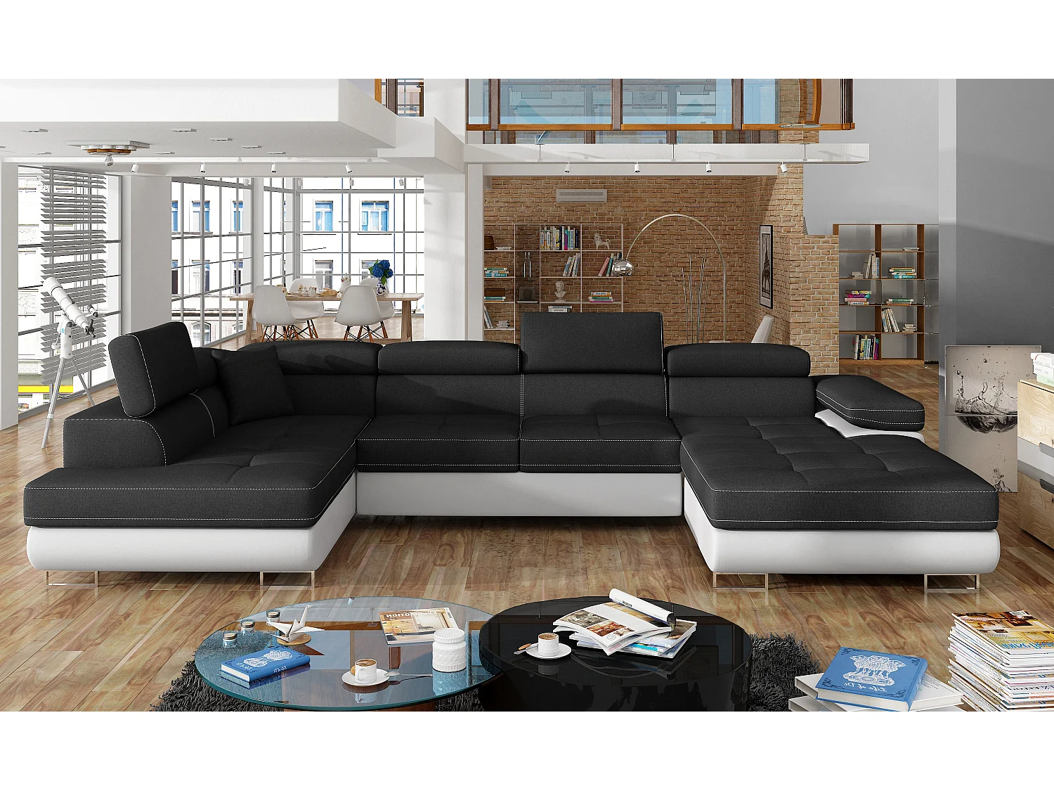 Canapé panoramique tissu noir et simili cuir blanc convertible avec coffre de rangement Romano 345cm-Coffre de rangement à gauche
