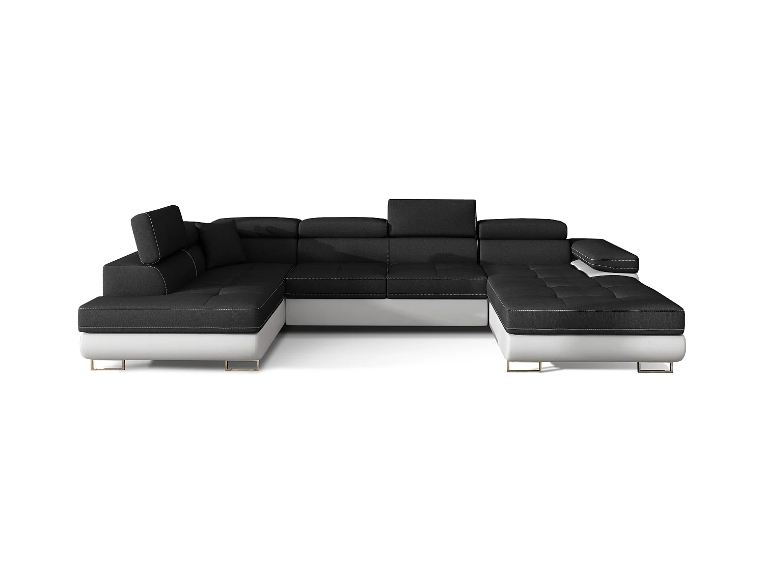 Canapé panoramique tissu noir et simili cuir blanc convertible avec coffre de rangement Romano 345cm-Coffre de rangement à gauche