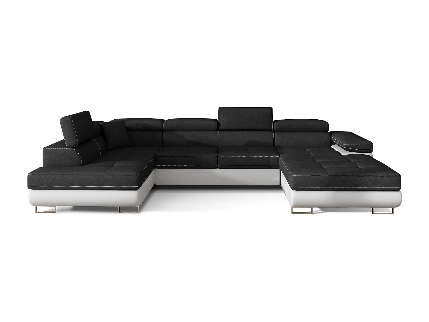 Canapé panoramique tissu noir et simili cuir blanc convertible avec coffre de rangement Romano 345cm-Coffre de rangement à gauche