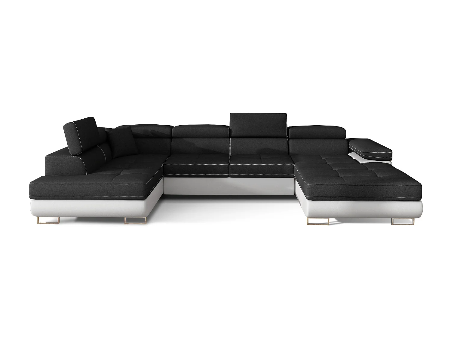 Canapé panoramique tissu noir et simili cuir blanc convertible avec coffre de rangement Romano 345cm-Coffre de rangement à gauche