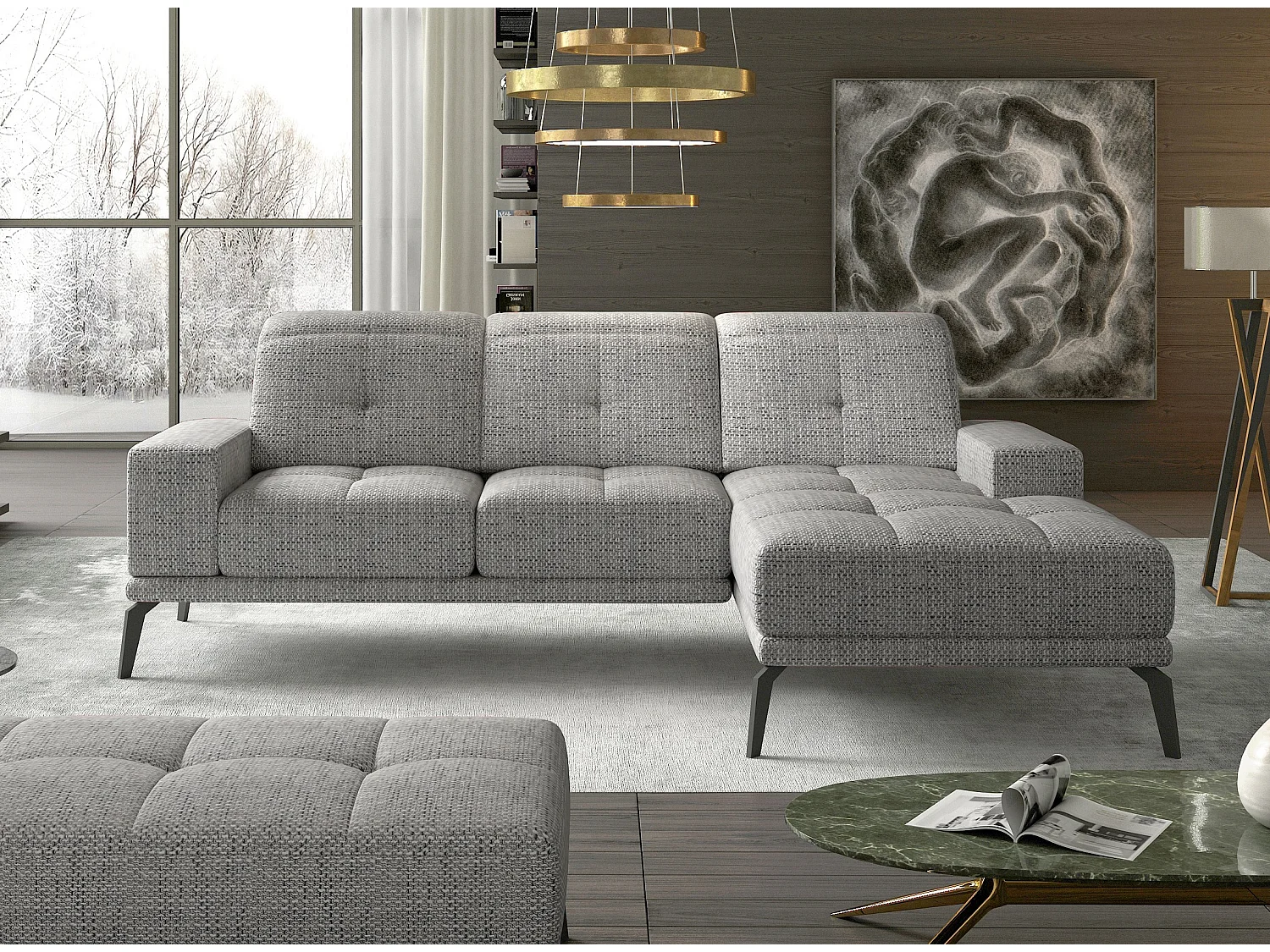 Canapé d'angle droit 5 places tissu gris chiné Torpille 265cm