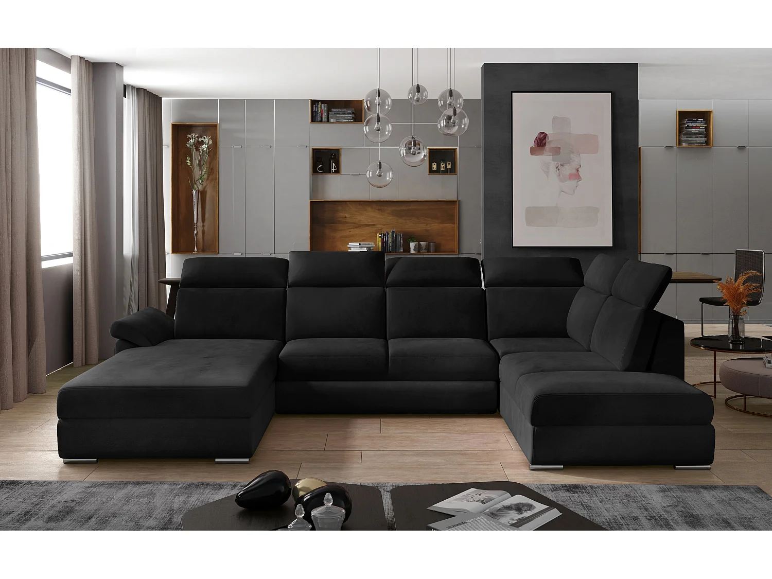 Canapé panoramique convertible velours noir coffre de rangement à gauche Levano 330cm