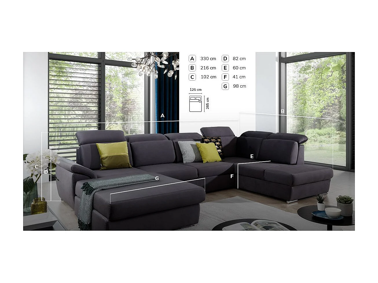 Canapé panoramique convertible velours noir coffre de rangement à gauche Levano 330cm