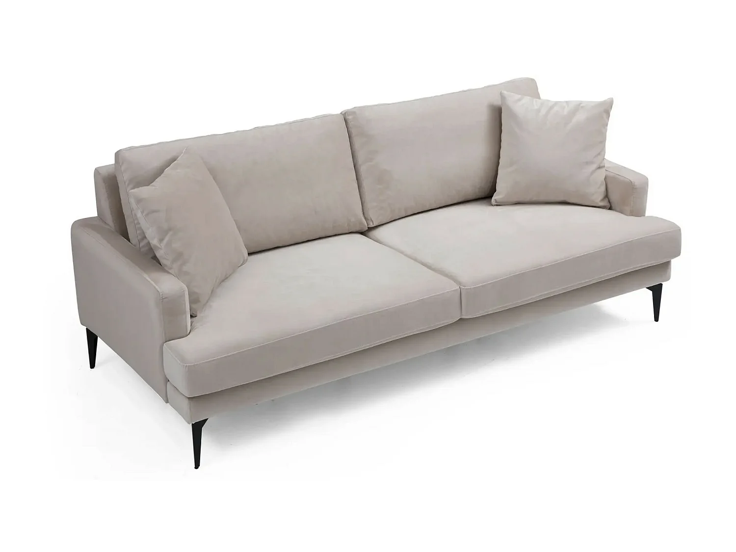 Canapé 3 places design tissu velouté beige et pieds métal noir Kombaz 205cm