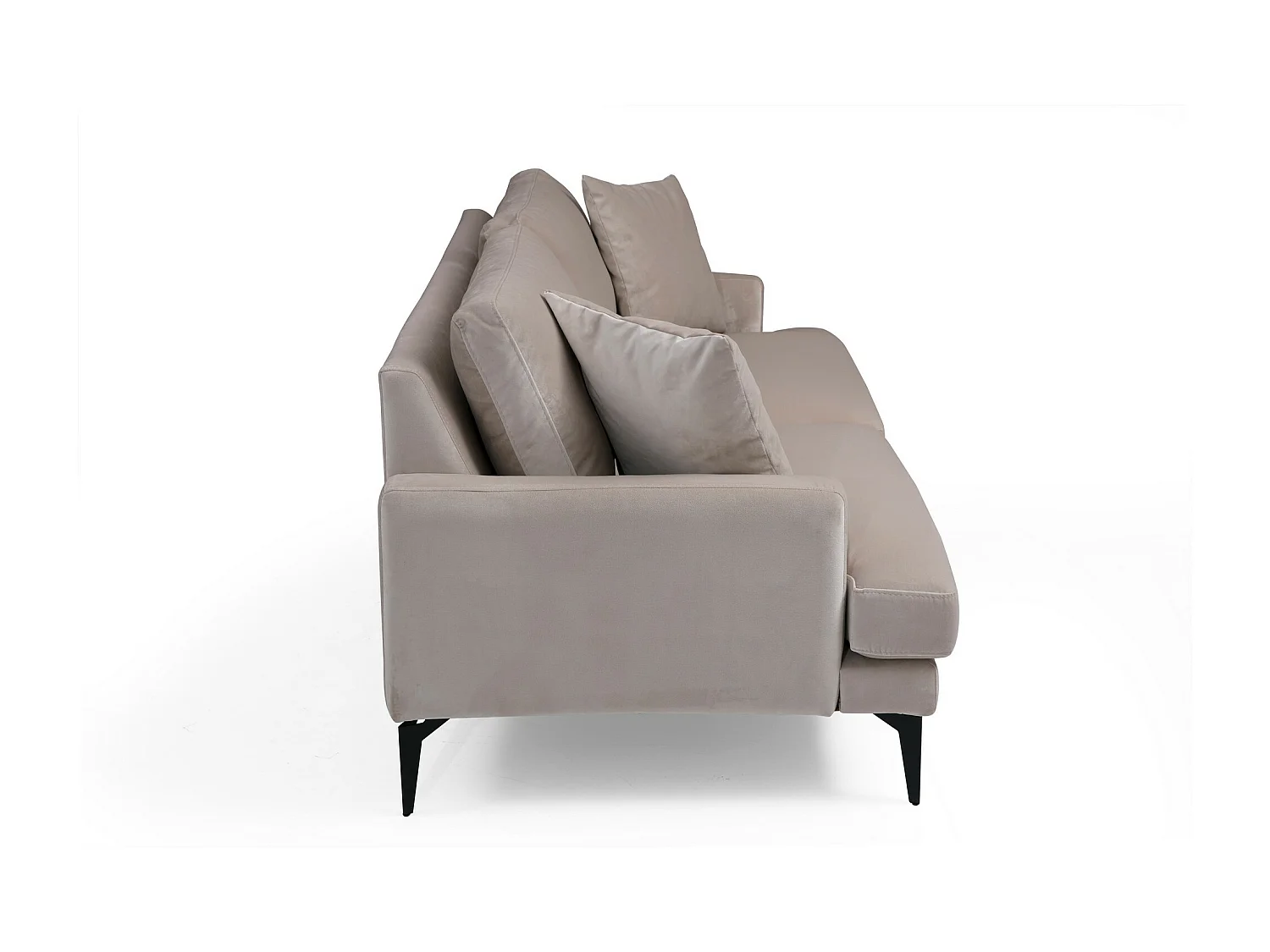 Canapé 3 places design tissu velouté beige et pieds métal noir Kombaz 205cm