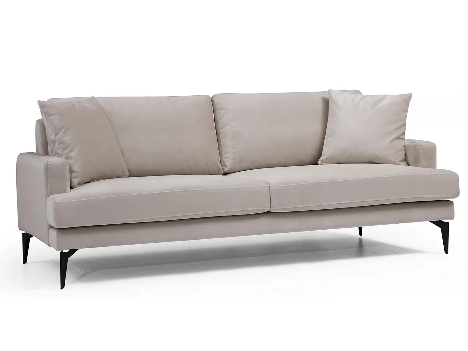 Canapé 3 places design tissu velouté beige et pieds métal noir Kombaz 205cm