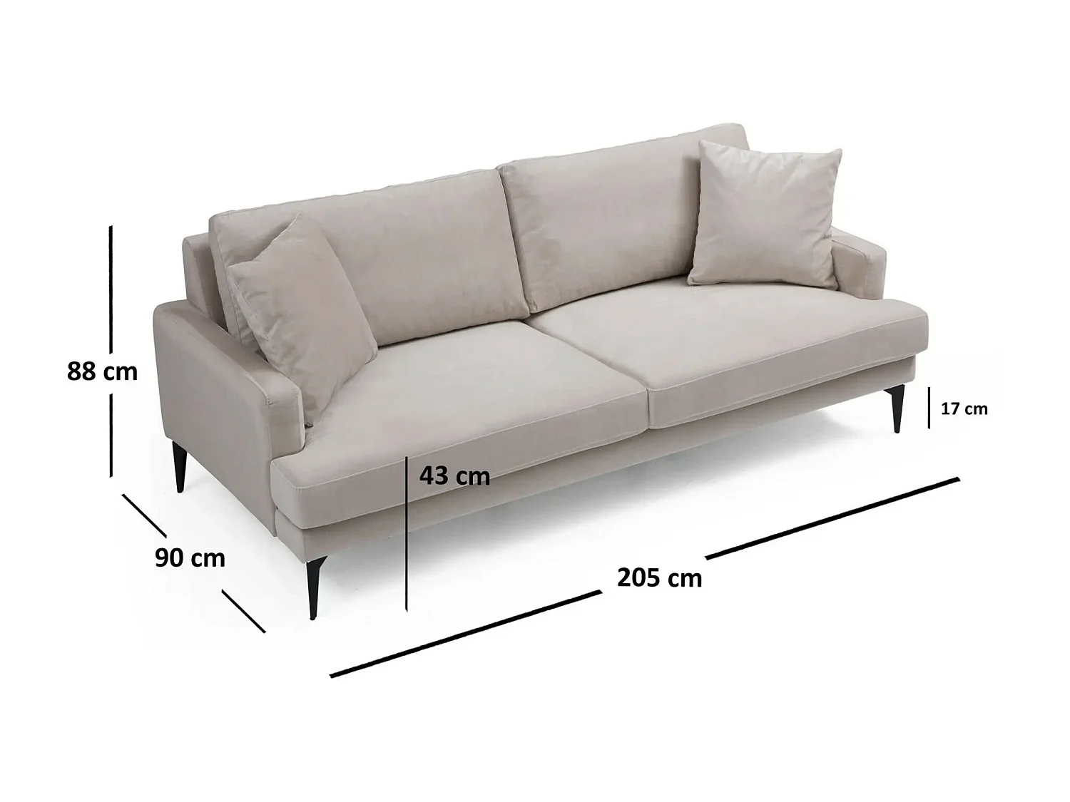 Canapé 3 places design tissu velouté beige et pieds métal noir Kombaz 205cm