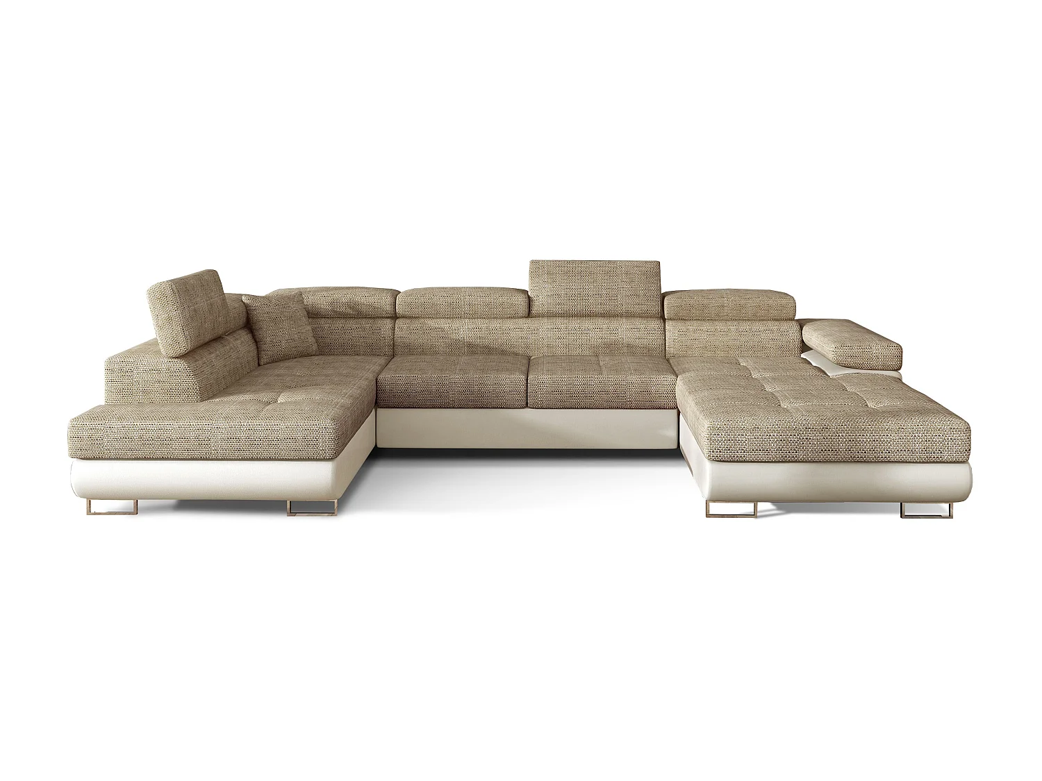 Canapé panoramique tissu beige clair chiné et simili cuir beige convertible avec coffre de rangement Romano 345cm-Coffre de rangement à gauche