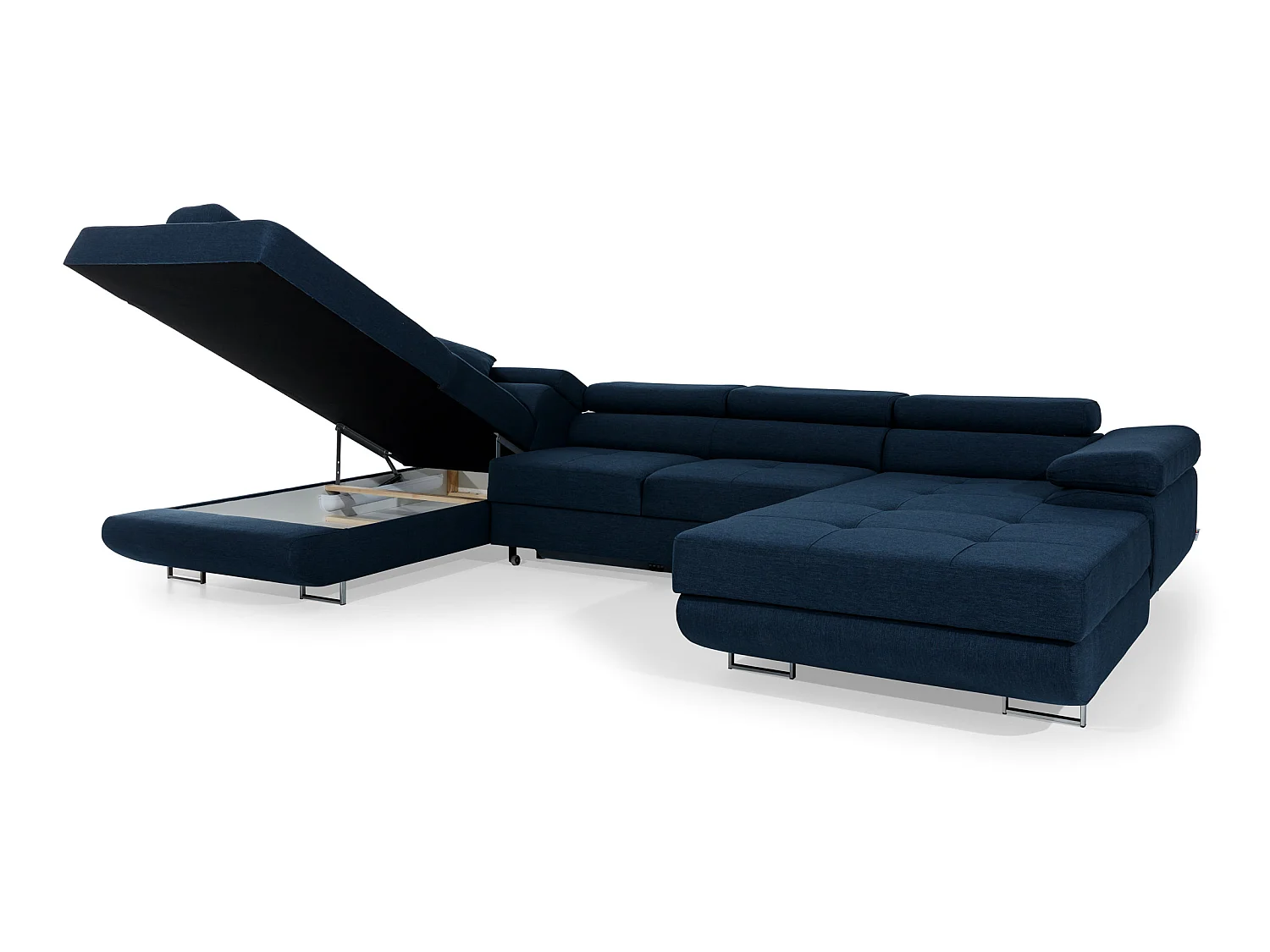 Canapé panoramique tissu beige clair chiné et simili cuir beige convertible avec coffre de rangement Romano 345cm-Coffre de rangement à gauche