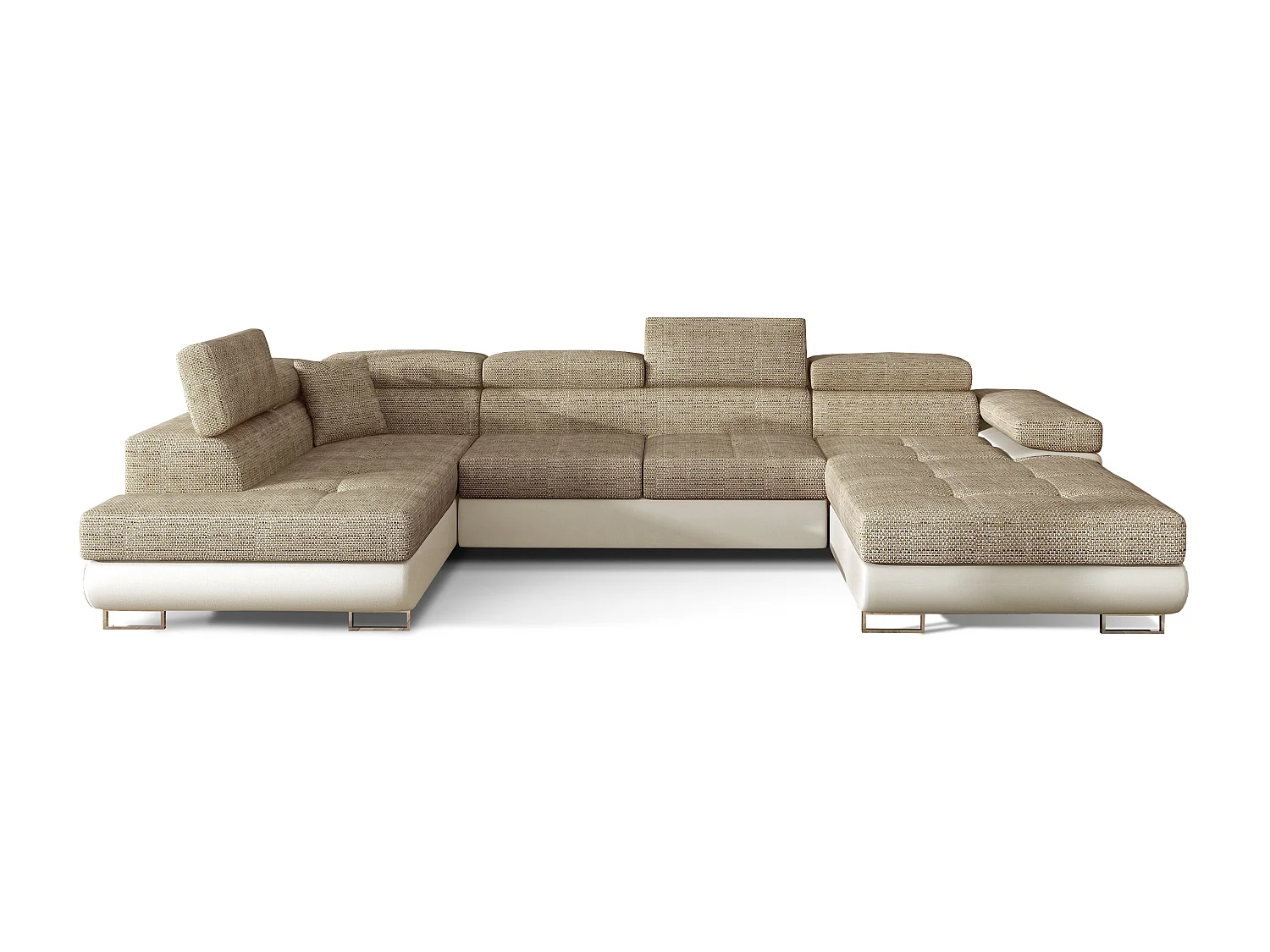Canapé panoramique tissu beige clair chiné et simili cuir beige convertible avec coffre de rangement Romano 345cm-Coffre de rangement à gauche