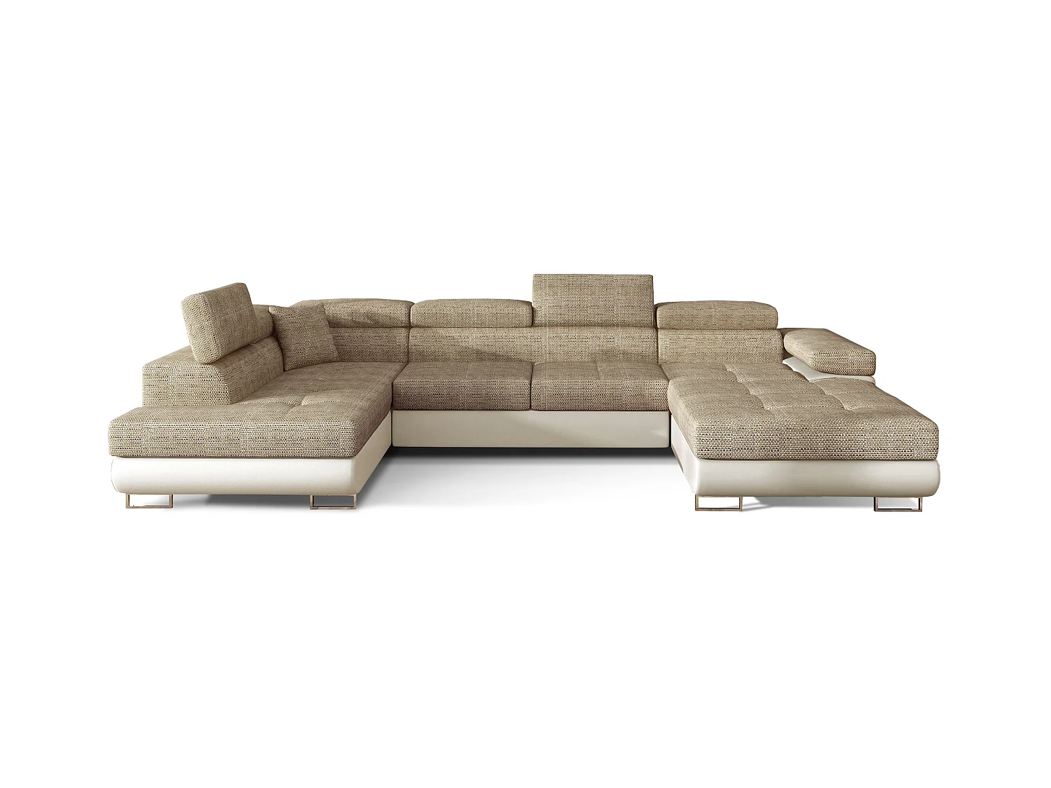 Canapé panoramique tissu beige clair chiné et simili cuir beige convertible avec coffre de rangement Romano 345cm-Coffre de rangement à gauche