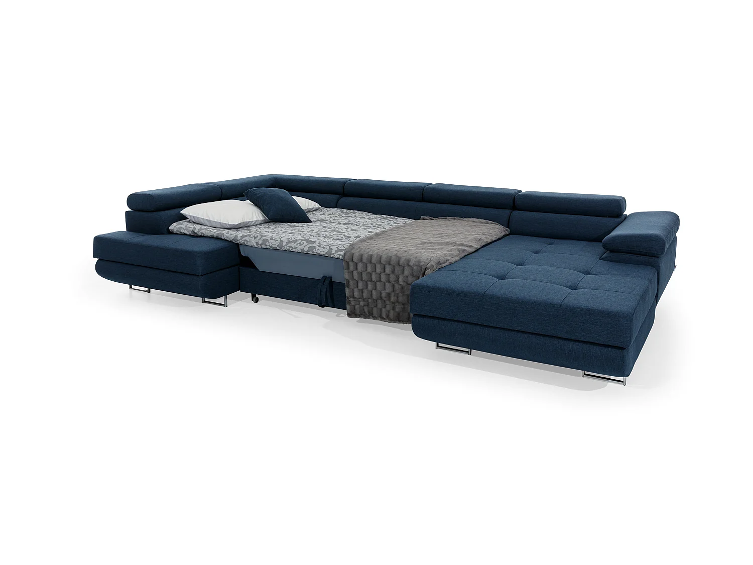 Canapé panoramique tissu beige clair chiné et simili cuir beige convertible avec coffre de rangement Romano 345cm-Coffre de rangement à gauche