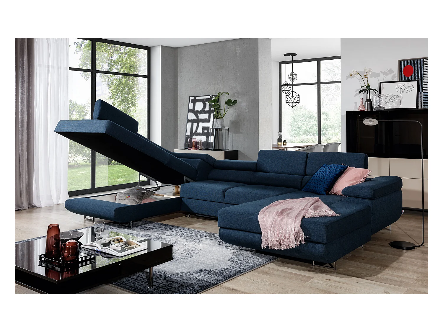 Canapé panoramique tissu beige clair chiné et simili cuir beige convertible avec coffre de rangement Romano 345cm-Coffre de rangement à gauche