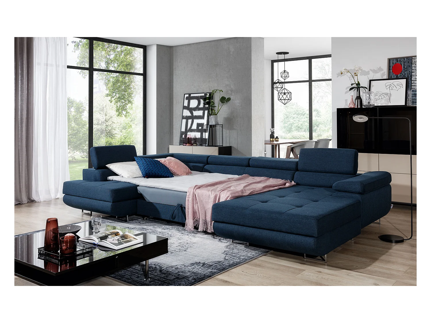 Canapé panoramique tissu beige clair chiné et simili cuir beige convertible avec coffre de rangement Romano 345cm-Coffre de rangement à gauche