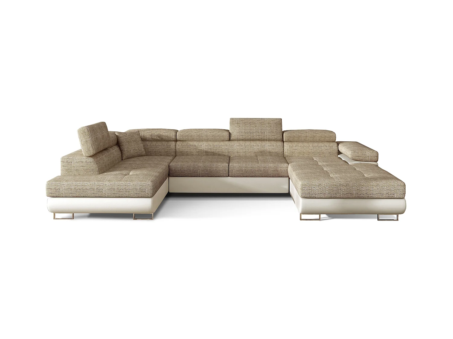 Canapé panoramique tissu beige clair chiné et simili cuir beige convertible avec coffre de rangement Romano 345cm-Coffre de rangement à gauche