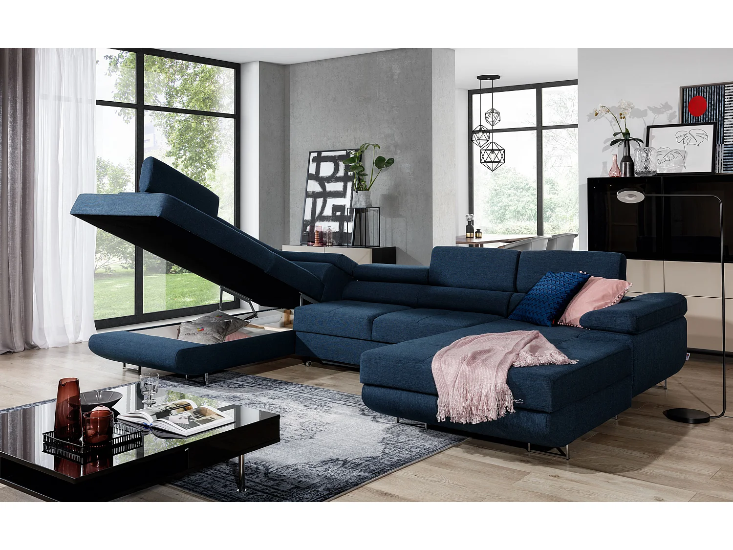 Canapé panoramique tissu beige clair chiné et simili cuir beige convertible avec coffre de rangement Romano 345cm-Coffre de rangement à gauche