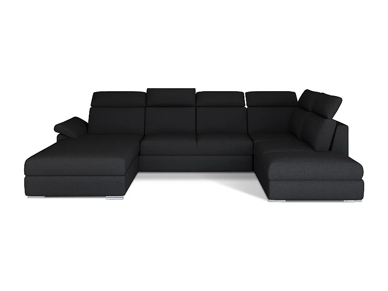 Canapé panoramique convertible LEVANO tissu - Rangement et appuie-têtes réglables-Noir-Coffre de rangement à gauche
