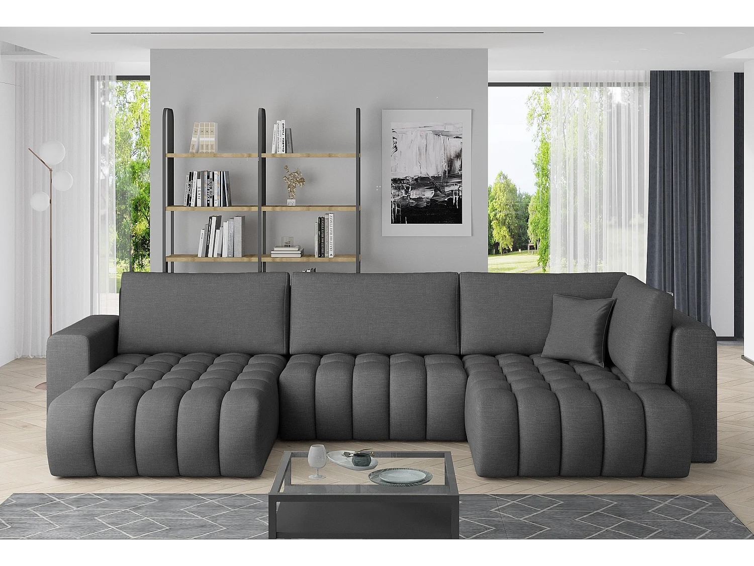 Canapé panoramique convertible design capitonné tissu effet cuir gris foncé méridienne gauche Boston 350cm