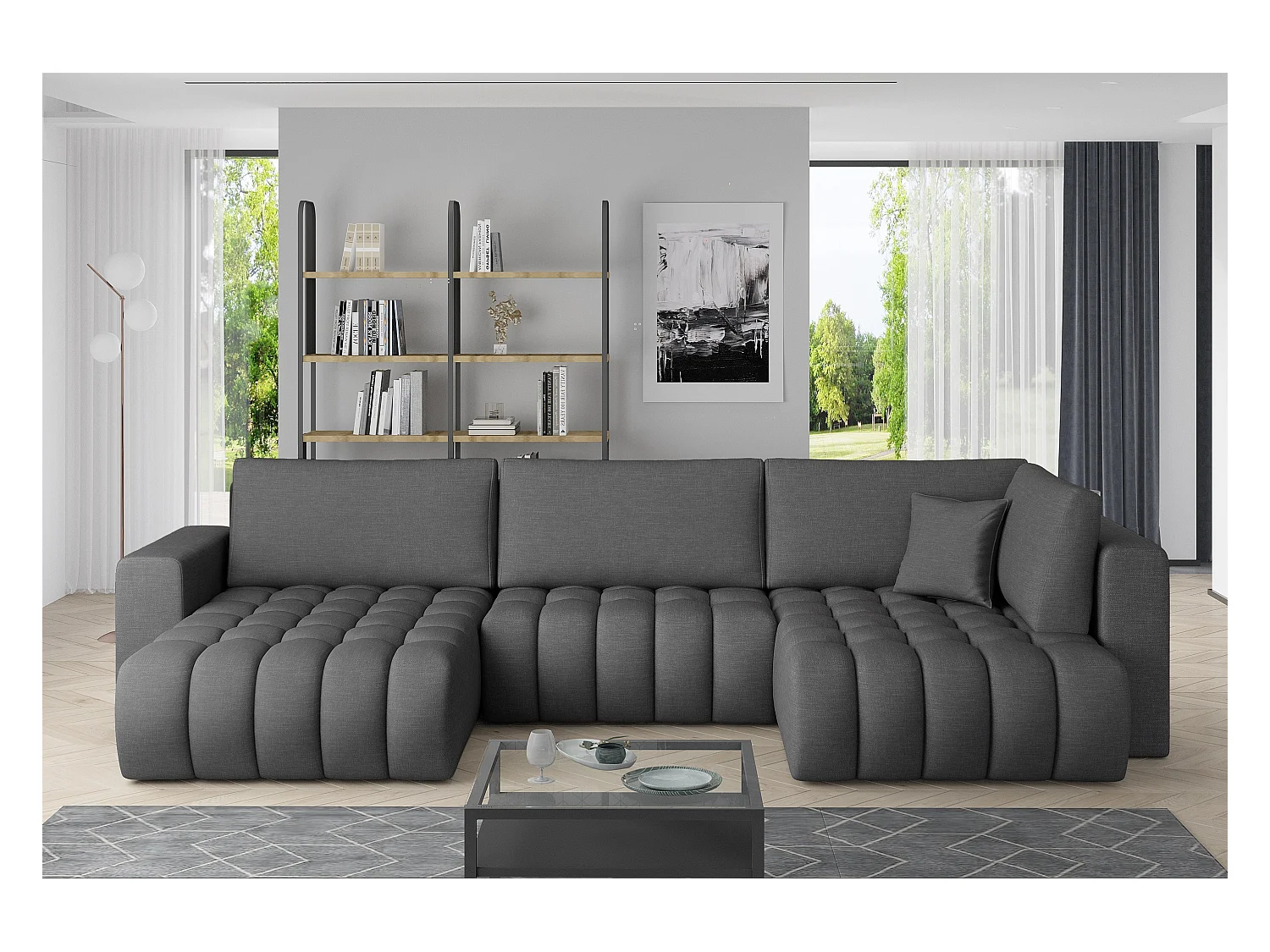 Canapé panoramique convertible design capitonné tissu effet cuir gris foncé méridienne gauche Boston 350cm