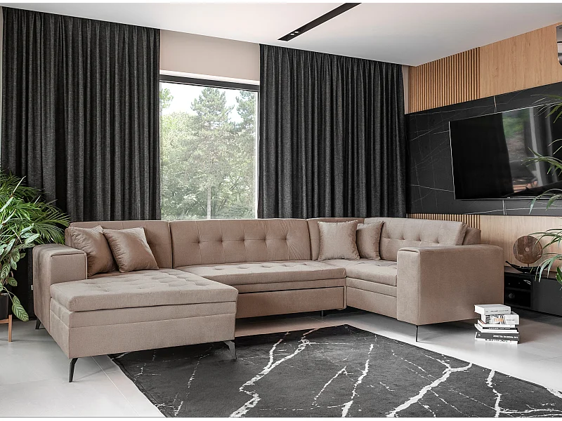 Canapé panoramique convertible gauche tissu doux brillant beige matelassé Bonty 340cm