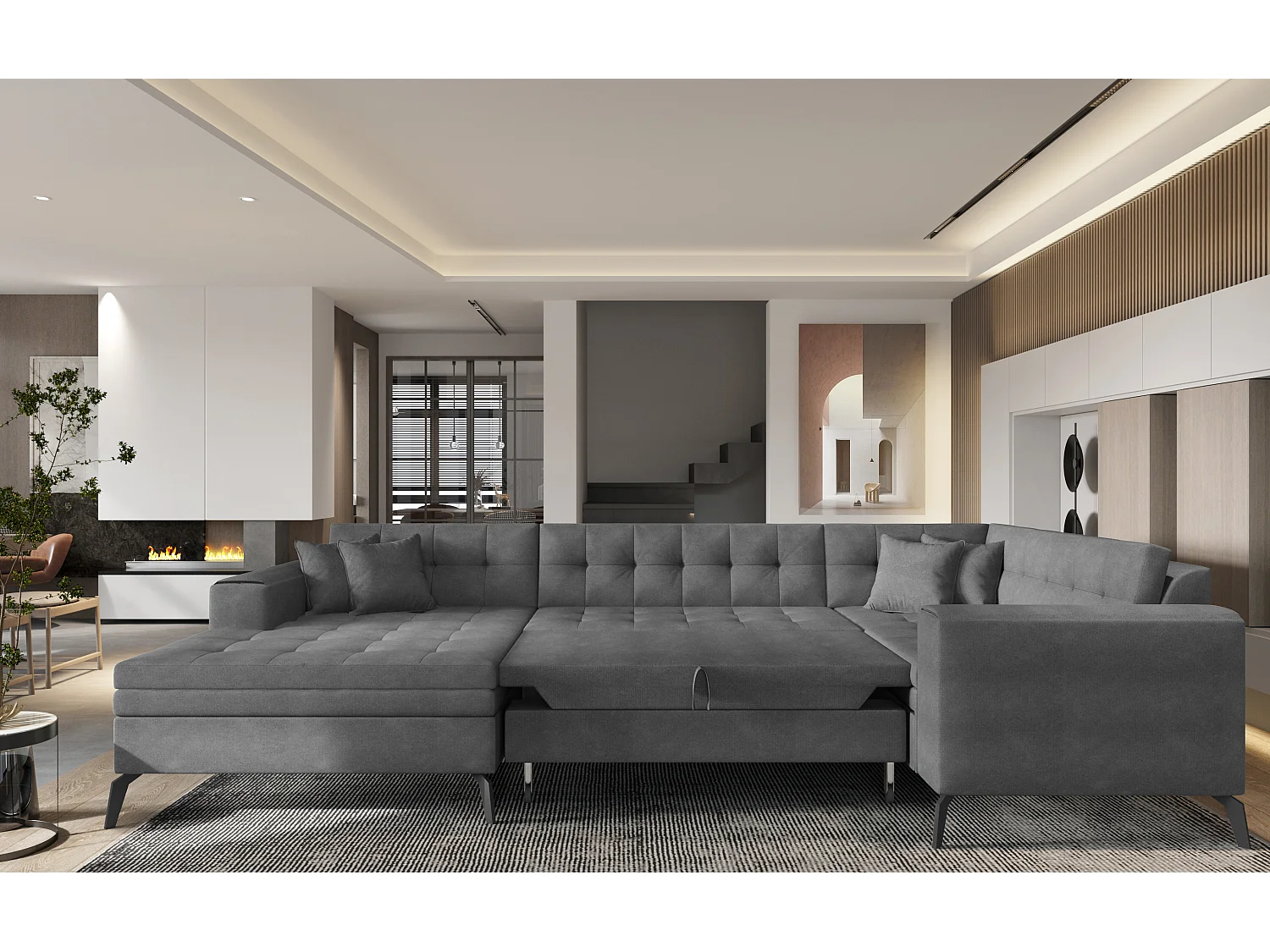 Linker panoramische slaapbank in zacht glanzende beige gewatteerde stof Bonty 340 cm