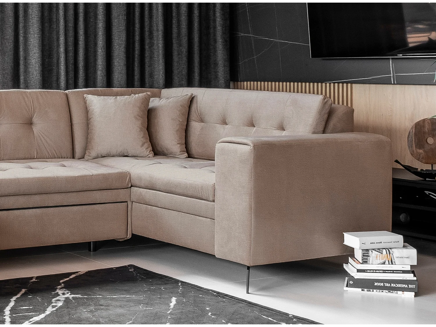 Canapé panoramique convertible gauche tissu doux brillant beige matelassé Bonty 340cm