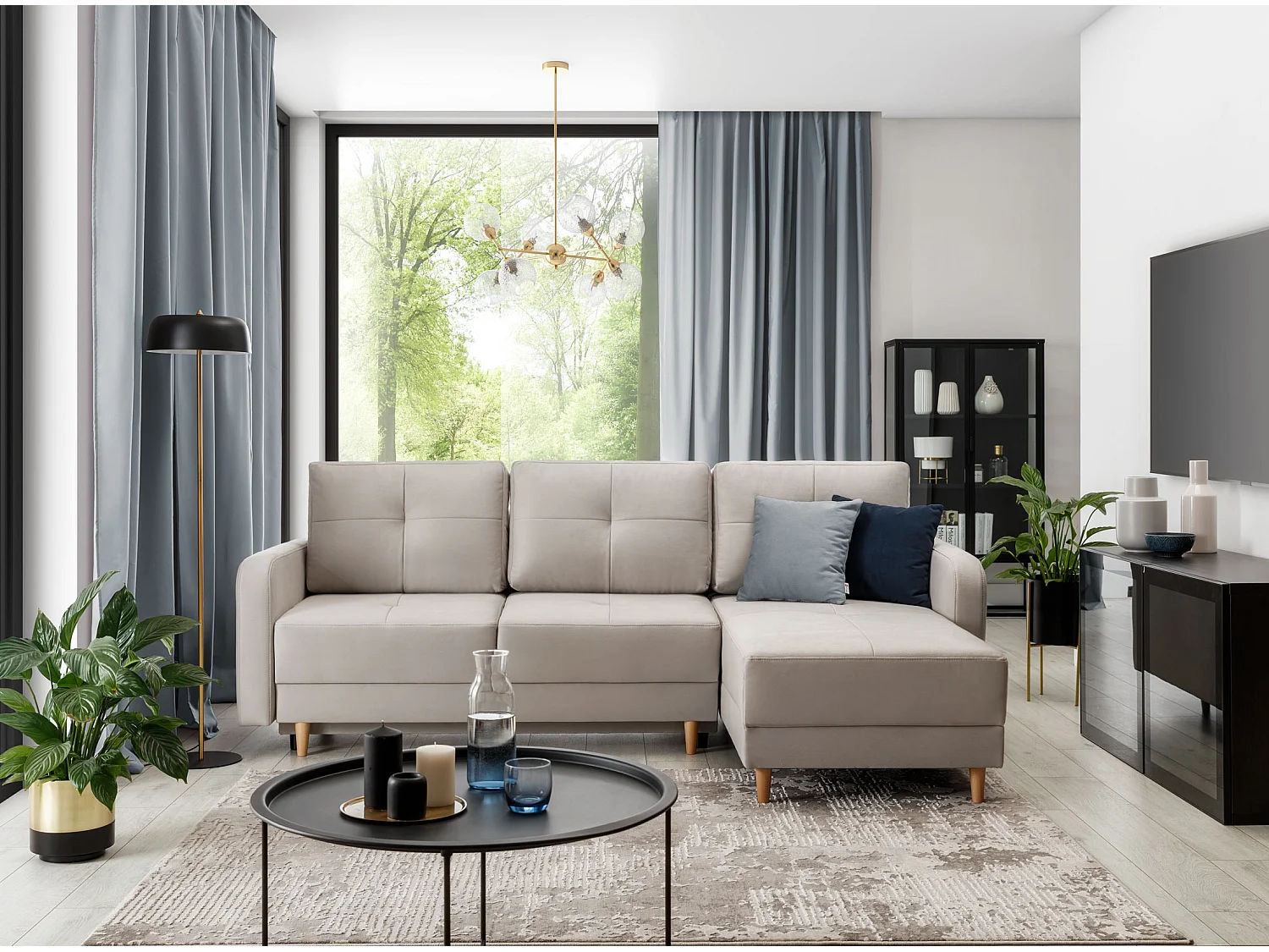 Scandinavische omkeerbare hoekbank donkergrijze stof en lichthouten poten Kindo 240 cm