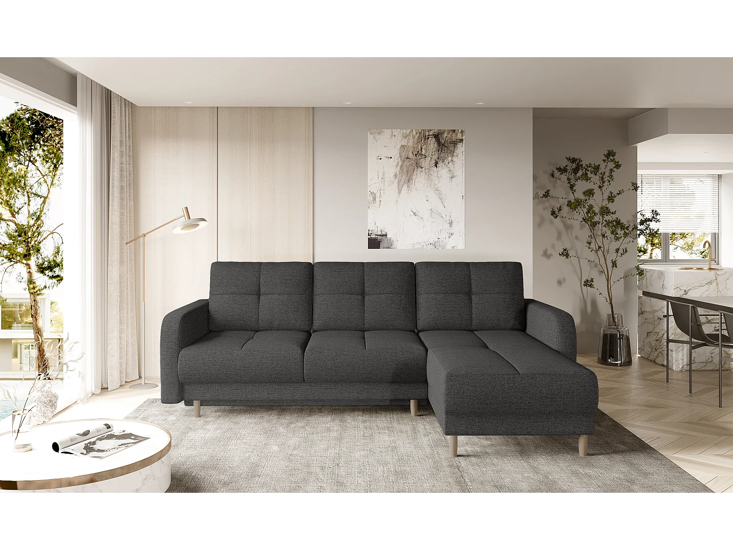 Scandinavische omkeerbare hoekbank donkergrijze stof en lichthouten poten Kindo 240 cm