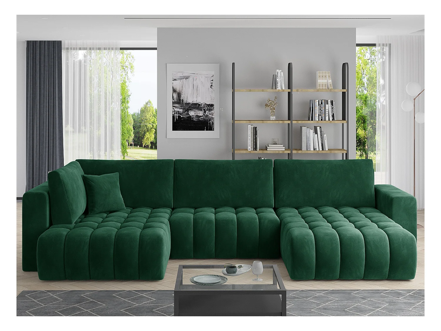 Canapé panoramique convertible design capitonné tissu doux vert méridienne droite Boston 350cm