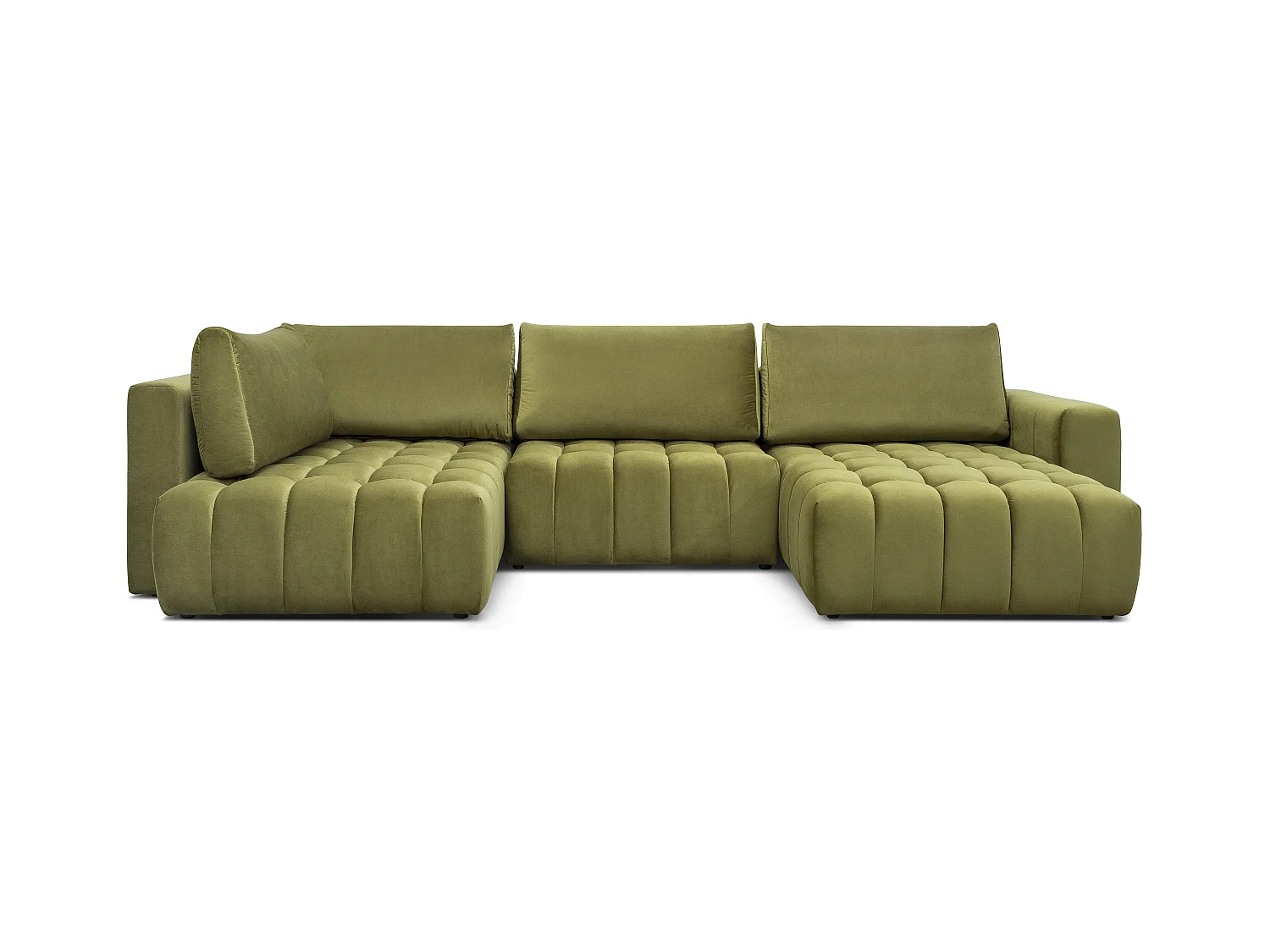 Canapé panoramique convertible design capitonné tissu doux vert méridienne droite Boston 350cm