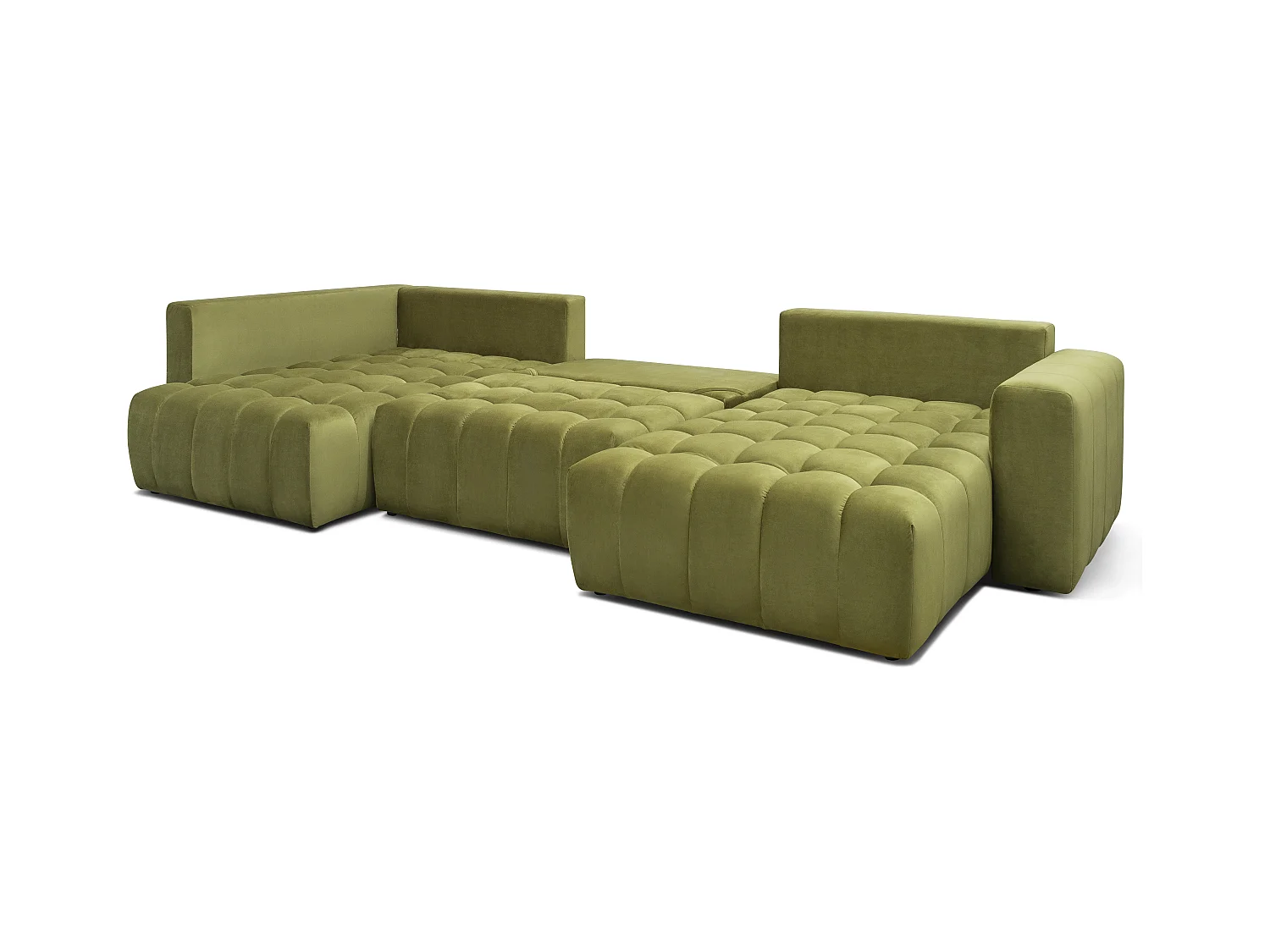 Canapé panoramique convertible design capitonné tissu doux vert méridienne droite Boston 350cm