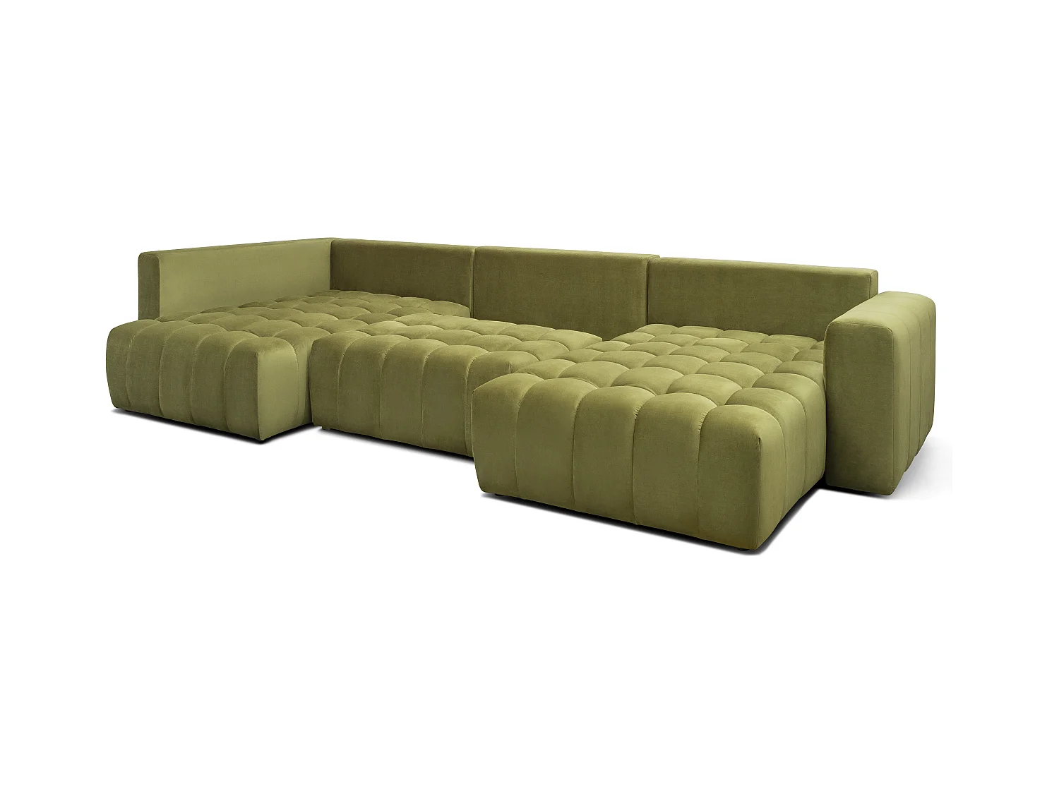 Canapé panoramique convertible design capitonné tissu doux vert méridienne droite Boston 350cm