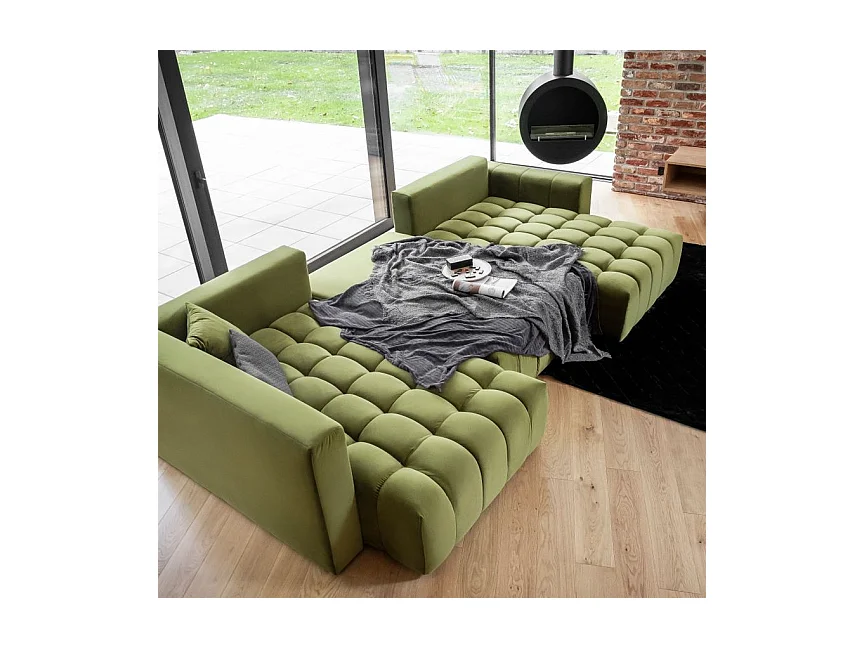 Canapé panoramique convertible design capitonné tissu doux vert méridienne droite Boston 350cm