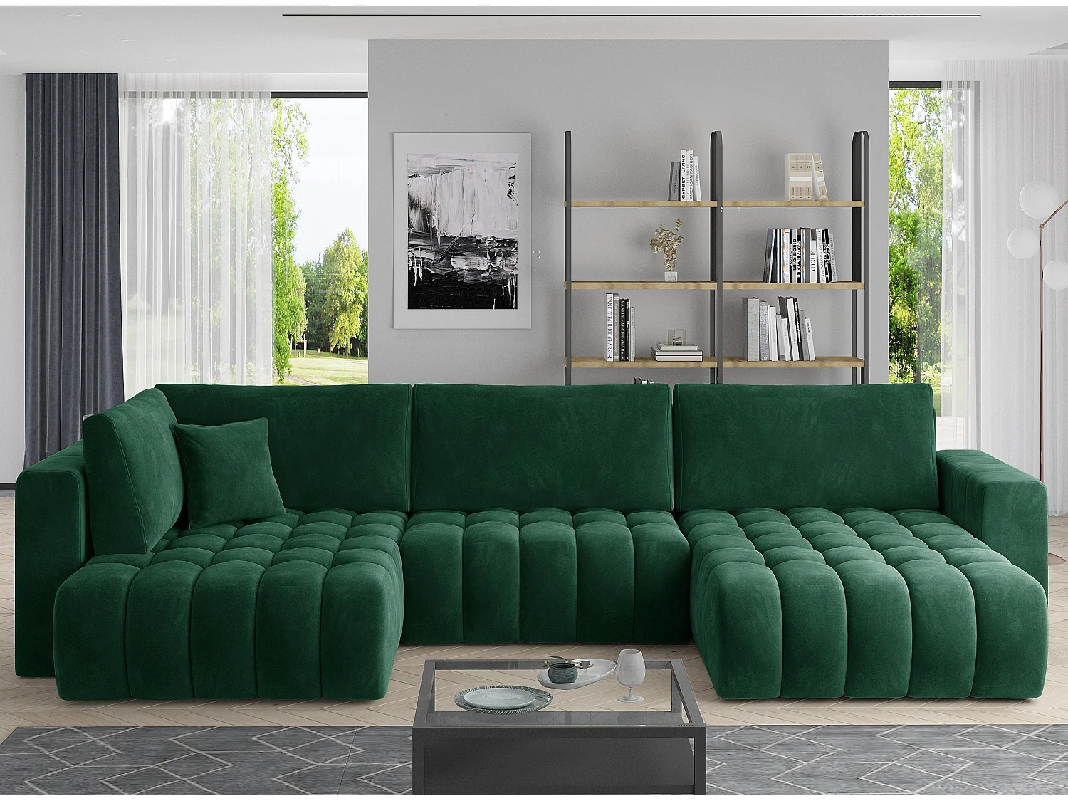 Canapé panoramique convertible design capitonné tissu doux vert méridienne droite Boston 350cm