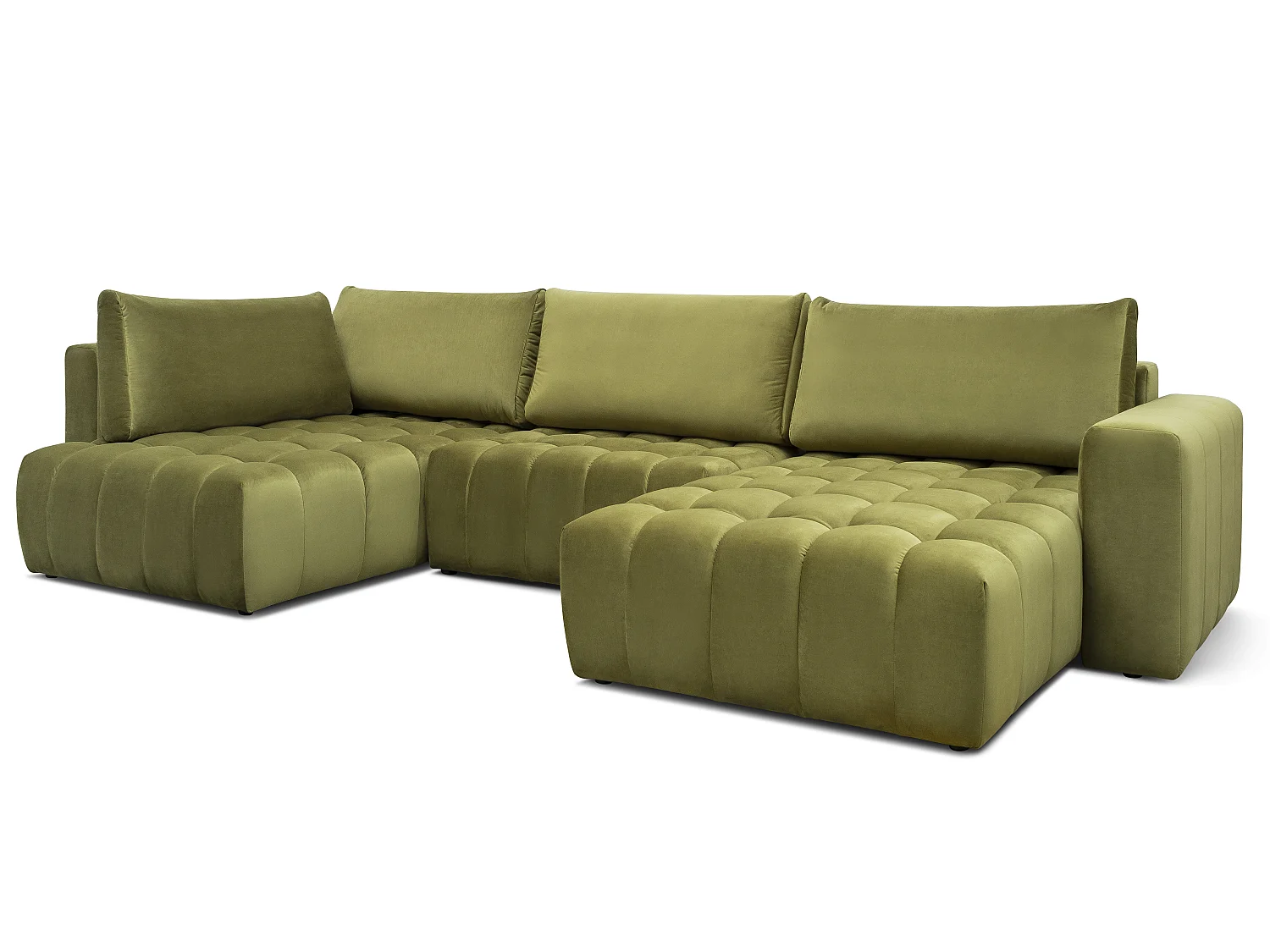 Canapé d'angle panoramique convertible 6 places en tissu capitonné vert