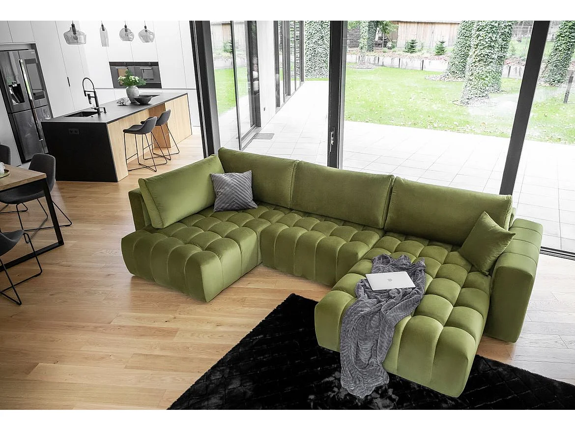 Canapé d'angle panoramique convertible 6 places en tissu capitonné vert